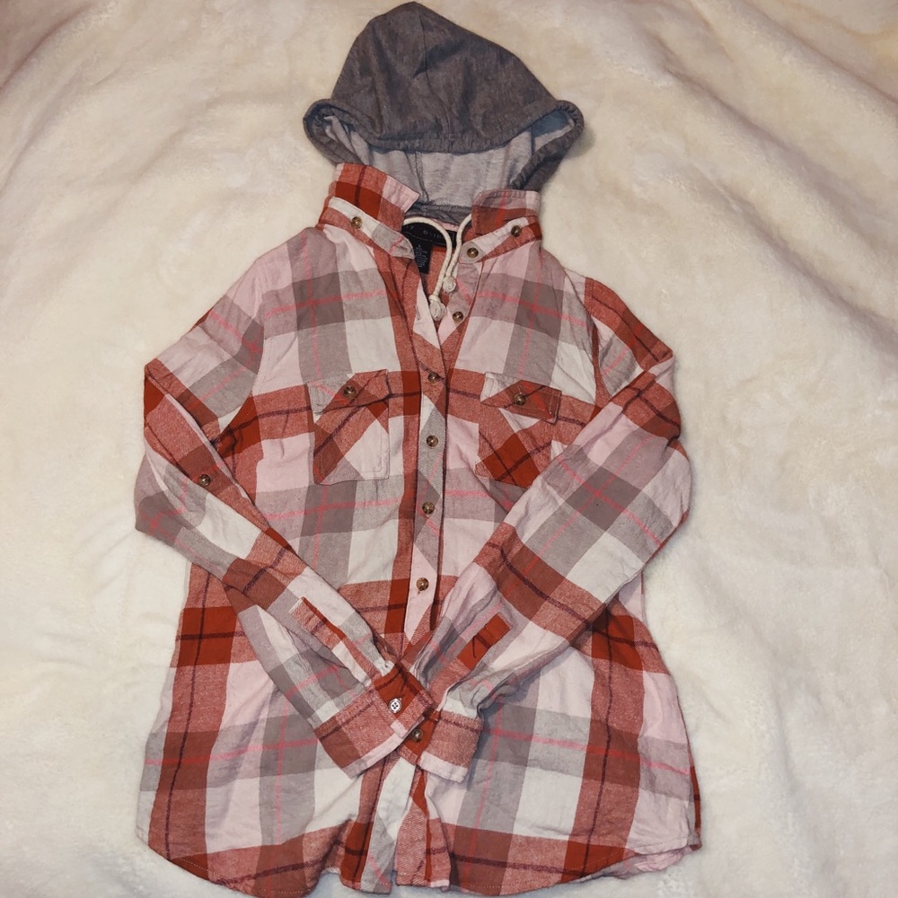 Polly Esther plaid button up with grey hoodie